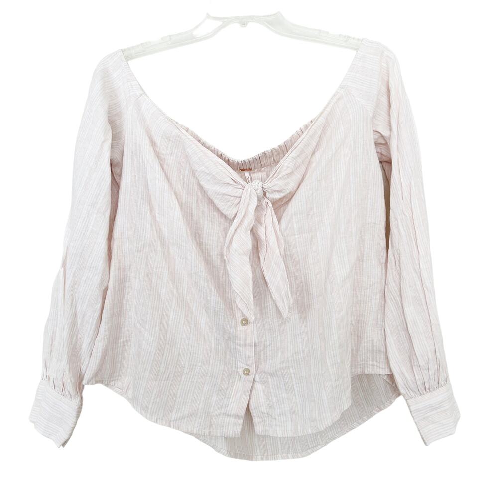 Free People Linen Blend Light Pink Striped Off the Shoulder Top Sz S